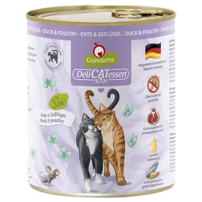 GranataPet DeliCATessen Paté eend & gevogelte. Gemaakt in Duitsland, zonder granen, met granaatappelpitten, zalmolie en groenlipmossel. Geen dierproeven.