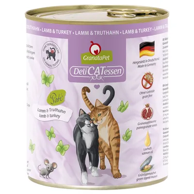 GranataPet DeliCATessen Paté agnello e tacchino. Senza test sugli animali, prodotto in Germania, senza cereali, con semi di melograno, olio di salmone e cozza verde.