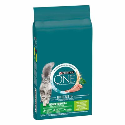 Sac de croquettes Purina ONE Bifensis Indoor Formula pour chat, 9,75 kg. Texte visible : « Strong immune system », « Rich in turkey ». Image d’un chat et ingrédients visibles.