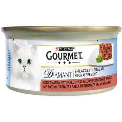 Purina Gourmet Diamant храна за котки, с естествена патица в сос от домати и спанак. Изобразени: кутия и сервирана храна.