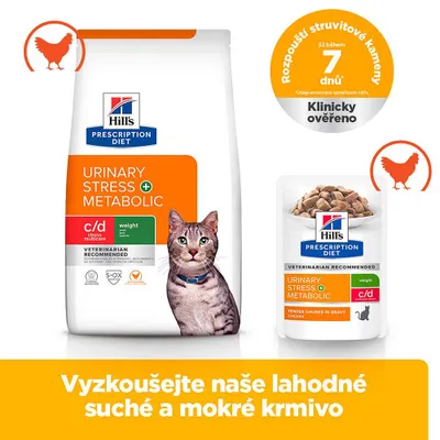 Hill's Prescription Diet Urinary Stress + Metabolic suché a vlhké krmivo, kuře, klinicky ověřeno pro rozpuštění struvitových kamenů během 7 dnů.