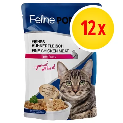 Feline Porta, Feines Hühnerfleisch Fine Chicken Meat pur. Confezione da 12 x bustine di cibo per gatti, senza zuccheri aggiunti (ohne zuckerzusatz). Testo in inglese e tedesco.
