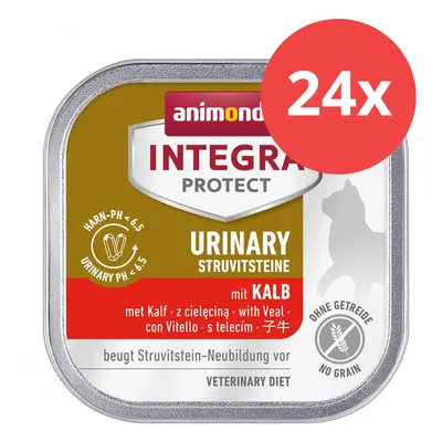 Animonda Integra Protect Urinary Struvitsteine mit Kalb, ohne Getreide, Harn-pH < 6,5, beugt Struvitstein-Neubildung vor. Packung enthält 24 Stück.