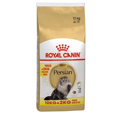 12kg bag labelled Royal Canin Adult Persian, includes 10kg plus 2kg free. Features long hair health and special kibble shape. Image of a Persian cat on the packaging.