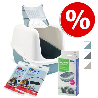 Kattetoilet med svingdør, to pakker Savic filter og en æske Savic Bag it Up Jumbo poser, 6 stk. Synlige farvevalg og stort procenttegn for tilbud.