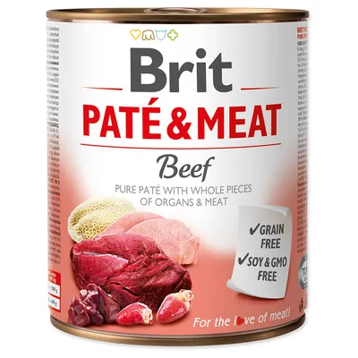 Brit Paté & Meat Beef, pure paté met stukjes orgaanvlees en vlees. Tekst: grain free, soy & GMO free. Afbeeldingen van verschillende soorten vlees op het etiket.