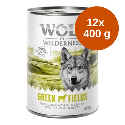 Wolf of Wilderness Green Fields natvoer, 100% grain-free recipe, 12x400 g, fresh lamb with wild berries, roots and wild herbs. Blik met productnaam en gewicht zichtbaar.