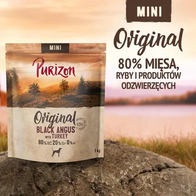 Purizon Original Black Angus with Turkey MINI, 1 kg. 80% mięsa, ryby i produktów odzwierzęcych, 20% warzyw i owoców, 0% zbóż. Widoczny napis: 80% MIĘSA, RYBY I PRODUKTÓW ODZWIERZĘCYCH.