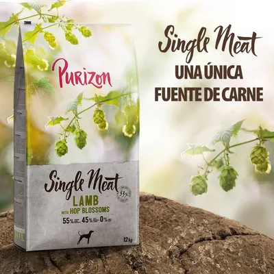 Purizon Single Meat Lamb with Hop Blossoms, 12 kg. Una única fuente de carne. 55 % cordero, 45 % vegetales, 0 % cereales. Imagen del envase con flores de lúpulo.