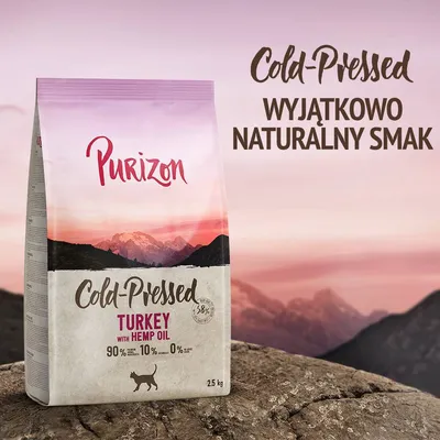 Purizon Cold-Pressed Turkey with Hemp Oil, 2,5 kg. 90 % mięsa, 10 % warzyw, 0 % zbóż. Cold-Pressed, wyjątkowo naturalny smak. Opakowanie karmy dla kota.
