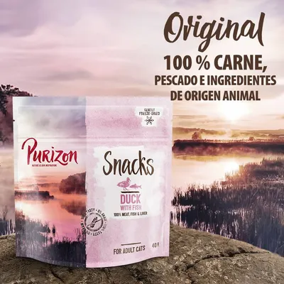 Purizon Snacks Duck with Fish para gatos adultos, 40 g. Texto visible: Original, 100 % carne, pescado e ingredientes de origen animal, gently freeze-dried, 100% meat, fish & liver.