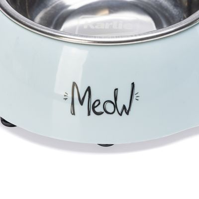 Dvojitá miska z nerezové oceli se světle zeleným držákem, nápis 'Meow' a motiv kočky. Vhodné na krmivo a vodu.