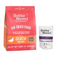 Pakiet mieszany Dolina Noteci Superfood Adult, 1 kg + 10x500 g - Zestaw II: 1 kg Superfood Adult, z kaczką + 10 x 500 g Premium w saszetkach, królik z żurawiną