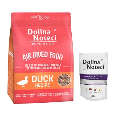 Pakiet mieszany Dolina Noteci Superfood Adult, 1 kg + 10x500 g - Zestaw II: 1 kg Superfood Adult, z kaczką + 10 x 500 g Premium w saszetkach, królik z żurawiną Pakiet mieszany Dolina Noteci Superfood Adult, 1 kg + 10x500 g - Zestaw II: 1 kg Superfood Adult, z kaczką + 10 x 500 g Premium w saszetkach, królik z żurawiną
