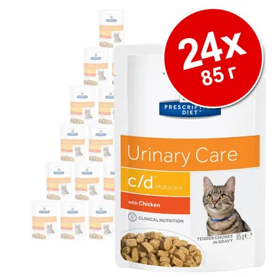 Hill's Prescription Diet Urinary Care c/d Multicare with Chicken, 24×85 г паучове за котки. На опаковката има снимка на котка и парченца храна в сос.