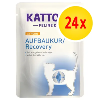 Kattovit Feline Diet mit Huhn, Aufbaukur/Recovery, 24x. Testo in tedesco: bei Mangelerscheinungen, erhöhter Nährwert. Immagine di un gatto stilizzato sulla confezione.