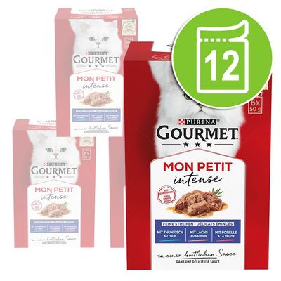 Purina Gourmet Mon Petit Intense, fijne reepjes met tonijn, zalm en forel in saus. Groot groen symbool met het cijfer 12 rechtsboven.