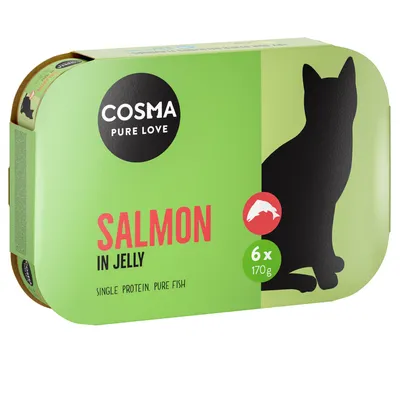 Cosma Pure Love lazac zselében, egyféle fehérje, tiszta hal, 6 x 170g. Csomagolás macska sziluettel és lazac szimbólummal.
