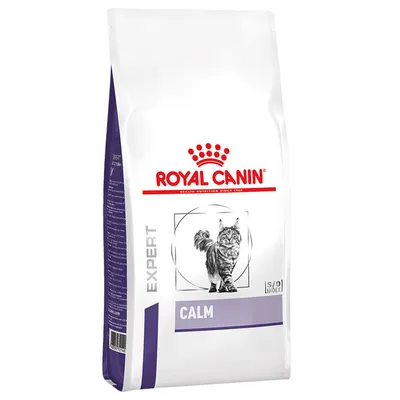 Royal Canin Expert Calm macskaeledel, fehér csomagolás, lila sávval, középen macskakép, látható feliratok: ROYAL CANIN, EXPERT, CALM, S/O INDEX.