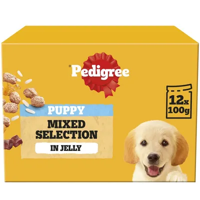 Pedigree puppy mixed selection in jelly, 12 packs of 100g each, shown on yellow packaging with food ingredients illustrated.