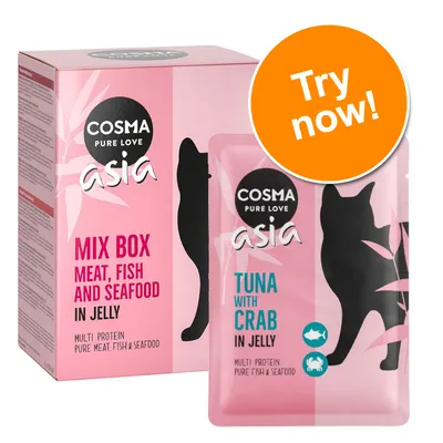 COSMA Pure Love Asia Mix Box Meat, Fish and Seafood in Jelly, Multi Protein. Pouch: COSMA Pure Love Asia Tuna with Crab in Jelly, Multi Protein. Orange badge reads Try now!