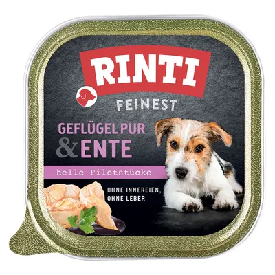 Rinti Feinest pure poultry & duck, light fillet pieces, without offal, without liver. Rinti Feinest pure poultry & duck, light fillet pieces, without offal, without liver.