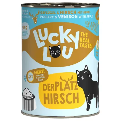 Lucky Lou baromfi és szarvas almával, felnőtteknek, Németországban készült, több mint 96% hústartalom, gabona nélkül. Der Platzhirsch – The Real Taste!