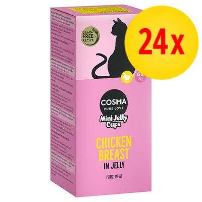 Emballage Cosma Pure Love Mini Jelly Cups, Chicken Breast in Jelly, Pure Meat, 24x. Mention visible : Grain Free Recipe. Illustration de chat noir sur fond rose.