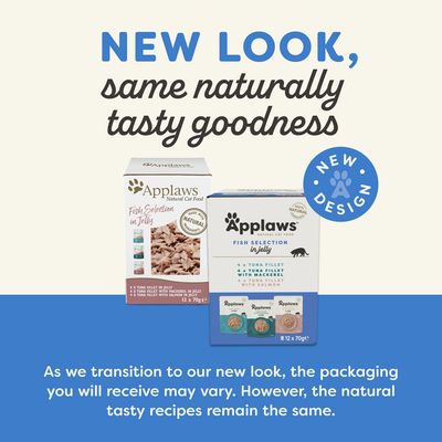Applaws Fish Selection in Jelly – starý a nový obal, text: NEW LOOK, same naturally tasty goodness, NEW DESIGN. Balení se může lišit, receptura zůstává stejná.