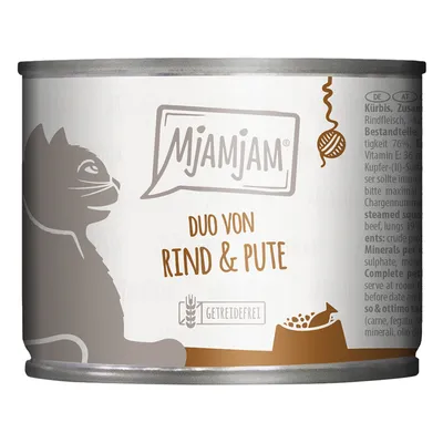 Mjamjam Duo of beef & turkey, grain-free. Image of a cat and food bowl on the packaging.