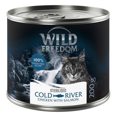 Wild Freedom Sterilised Wide Country Chicken, rețetă 100% fără cereale, conservă de 200g cu motiv de pisică.