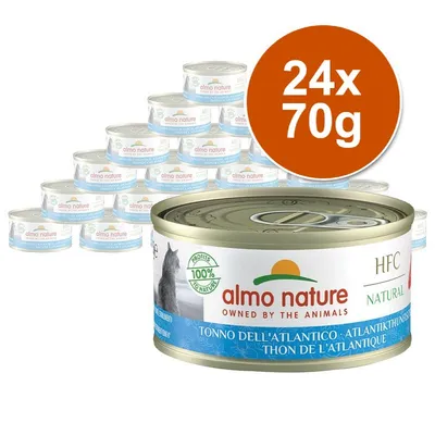 24 konzerv almo nature HFC Natural, 70 g, s textem 'TONNO DELL'ATLANTICO - ATLANTIKTHUNFISCH', obrázek kočky a nápis 100% Profits to Nature
