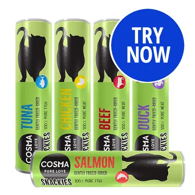 Cosma Pure Love Snackies gently freeze-dried treats in tuna, chicken, beef, duck, and salmon varieties. Blue circle with white text: Try Now.