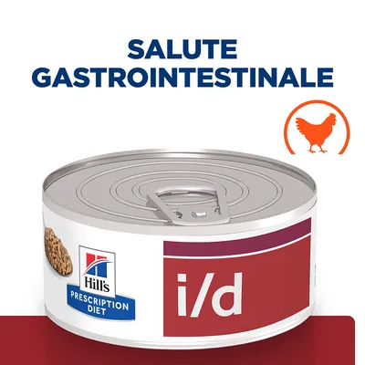 Scatoletta Hill's Prescription Diet i/d, scritta 'Salute gastrointestinale', simbolo arancione di pollo. Testo visibile sull'etichetta e sulla confezione.