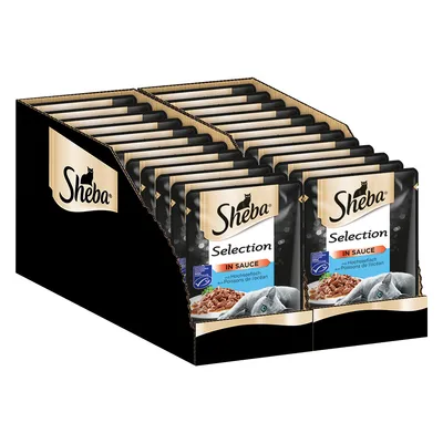 Sheba Selection in Sauce, havsfisk, förpackning med flera portionspåsar. Synlig förpackning med kattmotiv och produktbeskrivning.