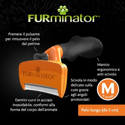 FURminator, spazzola con dentini curvi in acciaio inox, manico ergonomico e anti-scivolo, per pelo lungo (da 5 cm), taglia M 9–23 kg. Testo: premere il pulsante per rimuovere il pelo dal pettine.