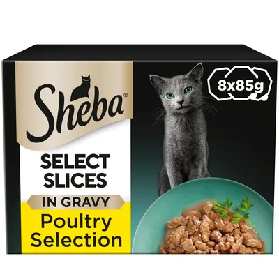 Sheba Select Slices in Gravy Poultry Selection, 8 x 85g packs shown on box with image of food in bowl.