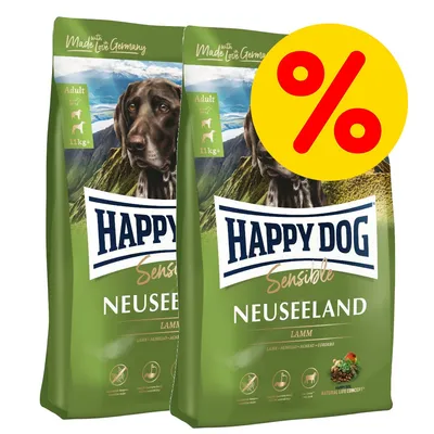 Due confezioni di Happy Dog Sensible Neuseeland Lamm, adult 11 kg+, con simbolo percentuale giallo per offerta. Testo visibile: Made with Love Germany. Due confezioni di Happy Dog Sensible Neuseeland Lamm, adult 11 kg+, con simbolo percentuale giallo per offerta. Testo visibile: Made with Love Germany.