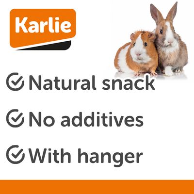 Karlie Corn Cobs, pannocchie di mais per piccoli animali, due pezzi in sacchetto con appendino. Confezione con grafica di coniglio e mais.