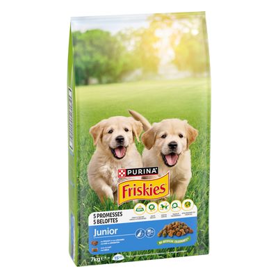 Confezione di crocchette Purina Friskies Junior, 7 kg, con immagine di due cuccioli, testo visibile: 5 promesse, no artificial colourants, pollo e verdure, latte, cereali.