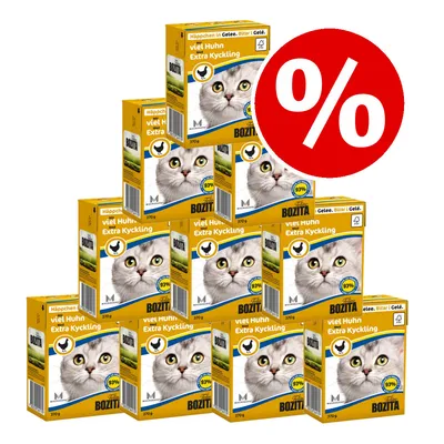 Multipack of Bozita cat food, yellow boxes with a grey cat image and text: 'viel Huhn Extra Kyckling', 370g, 93%. Large red percentage discount symbol shown.