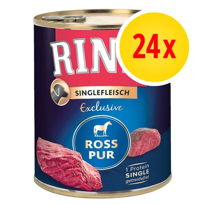 RINTI Singlefleisch Exclusive Ross Pur, 1 Protein Single, getreidefrei. Billede viser dåse med hestekød og mærke med '24x' i gul cirkel.