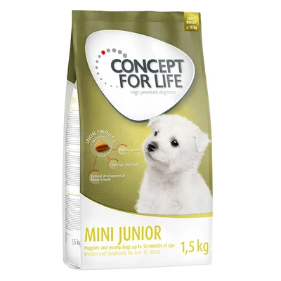 Concept for Life Mini Junior, kuivaruoka pennuille ja nuorille koirille enintään 10 kk, 1,5 kg. Tukee tervettä kasvua, optimaalista ruoansulatusta sekä luiden ja hampaiden kehitystä.