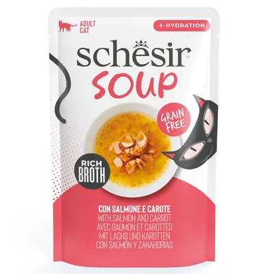 Schesir Soup felnőtt macskáknak, lazaccal és répával, gazdag leves, gabonamentes, + hidratálás.