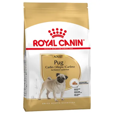 Royal Canin Adult Pug, Carlin/Mops/Carlino, über 10 Monate alt. Breed Health Nutrition. Abbildung eines Mopses und Krokettenform für gesunde Haut, Muskeltonus und ideales Gewicht.