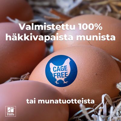 Valmistettu 100 % häkkivapaista munista tai munatuotteista. Merkintä: Cage Free.