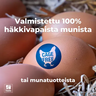 Valmistettu 100 % häkkivapaista munista tai munatuotteista. Merkintä: Cage Free.