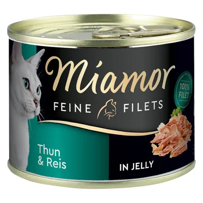 Miamor Feine Filets tonhal és rizs zselében, 100% filé, macskamintás doboz és tonhaldarabok ábrázolása.