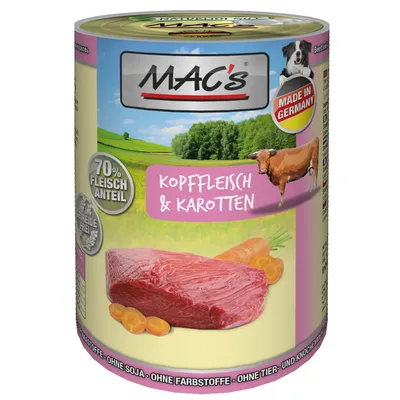 MAC's koiran märkäruoka, teksti: 70% Fleischanteil, kopffleisch & karotten, made in Germany, viljaton, ilman soijaa ja väriaineita. Kuvassa lihaa ja porkkanoita.
