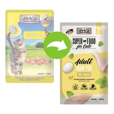 MAC's Huhnchen Pur och MAC's Superfood for Cats Adult Huhn Pur, båda 100 g. Bild visar förpackningsändring med grön pil mellan gamla och nya designen. Text: Made in Germany, Grainfree.